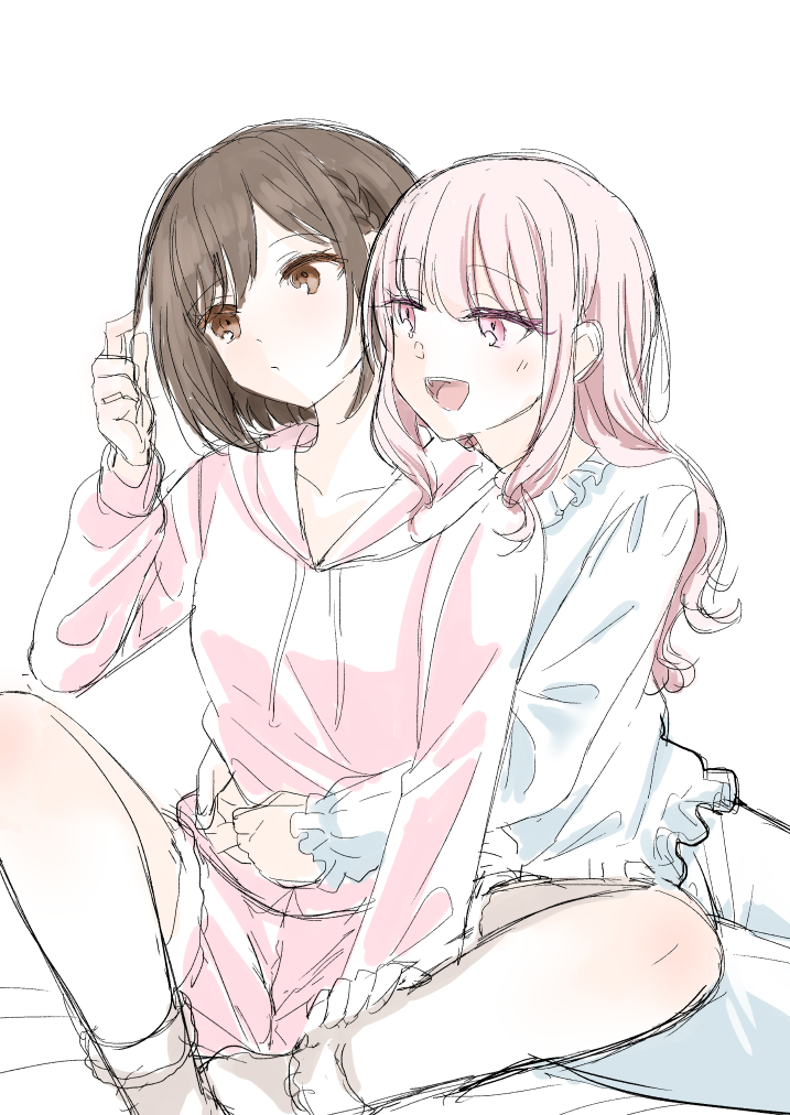 2girls bang_dream! blue_pajamas blue_pants blue_shirt blush braid brown_eyes brown_hair closed_mouth collarbone commentary_request frilled_shirt frills hair_twirling hazawa_tsugumi hood hoodie hug hug_from_behind long_hair long_sleeves maruyama_aya multiple_girls open_mouth pajamas pants pink_eyes pink_hair pink_hoodie pink_pajamas pink_shorts shirt short_hair shorts side_braid sidelocks simple_background takeshisu white_background yuri