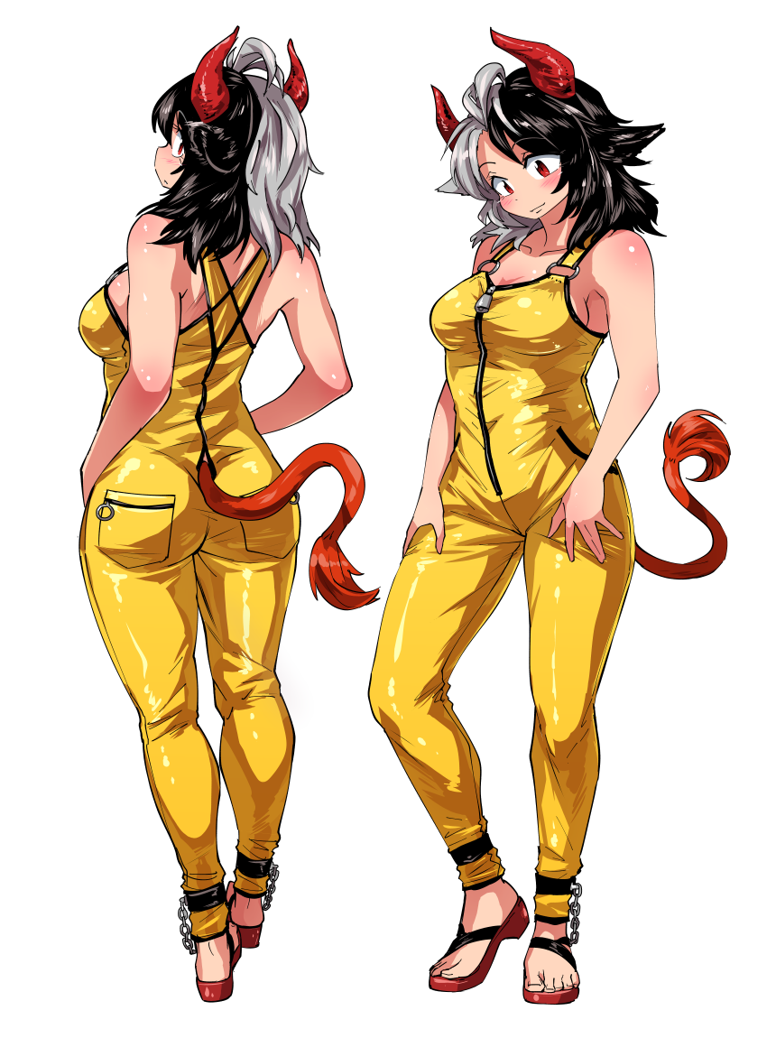 1girl adapted_costume alternate_costume bare_arms bare_shoulders barefoot_sandals black_hair blush cow_girl cow_horns cow_tail curvy grey_hair horns multicolored_hair multiple_views overalls red_footwear shimizu_pem simple_background split-color_hair tail touhou two-tone_hair ushizaki_urumi white_background yellow_overalls
