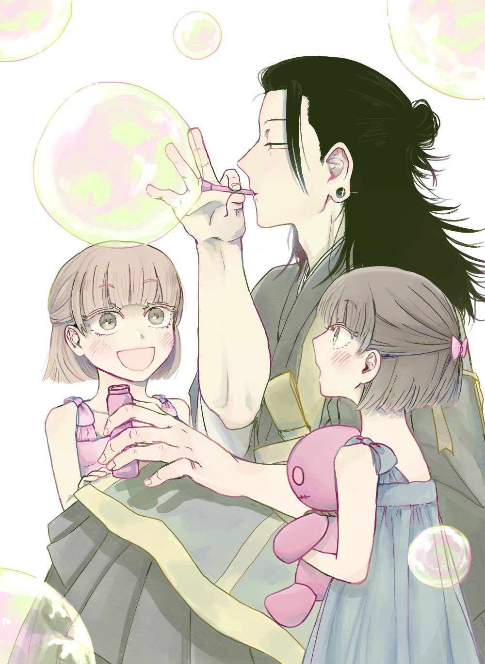 1boy 2girls :d amanatsu_(amana23kankan) black_eyes black_hair black_kimono blue_dress blunt_bangs blush bubble bubble_blowing bubble_pipe cowboy_shot doll dress ear_piercing getou_suguru hair_bun hand_up highres holding holding_doll japanese_clothes jujutsu_kaisen kimono long_hair mimiko_(jujutsu_kaisen) multiple_girls nanako_(jujutsu_kaisen) open_mouth piercing pink_dress profile short_hair simple_background sitting smile standing white_background