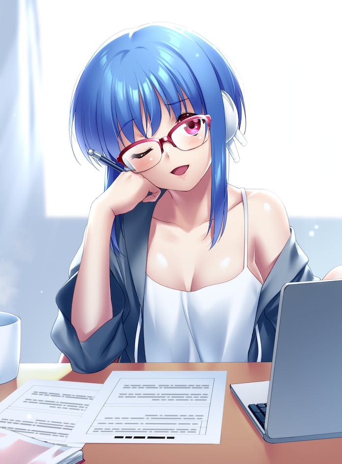 1girl ;d black_jacket blue_hair blush breasts cleavage collarbone commentary_request commission computer desk eyelashes glasses hair_between_eyes hand_on_own_cheek hand_on_own_face hand_up head_tilt ilfa_(to_heart) indoors jacket laptop large_breasts looking_at_viewer one_eye_closed open_clothes open_jacket open_mouth pink_eyes red-framed_eyewear semi-rimless_eyewear shiny_skin shirt short_hair_with_long_locks single_bare_shoulder sitting skeb_commission sleeveless sleeveless_shirt smile solo to_heart_(series) to_heart_2 upper_body white_shirt zen_(kamuro)