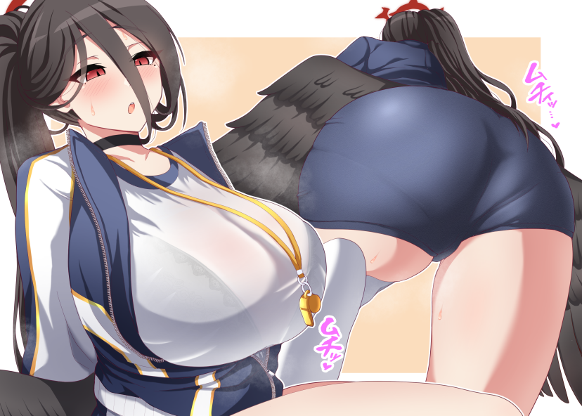 1girl ass black_choker black_hair black_wings blue_archive bra_visible_through_clothes breasts choker from_below gym_uniform hair_between_eyes halo hasumi_(blue_archive) hasumi_(gym_uniform)_(blue_archive) huge_breasts ikue_fuuji jacket long_hair mole mole_under_eye official_alternate_costume pantylines ponytail red_eyes shirt solo whistle whistle_around_neck white_shirt wings