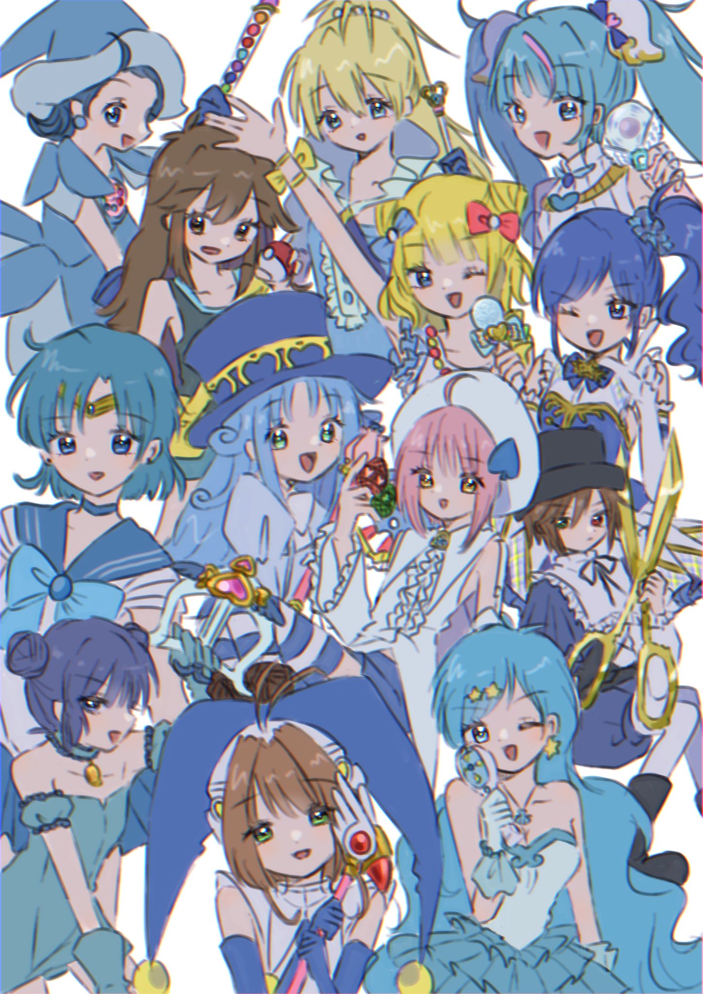 6+girls aizawa_mint amulet_spade antenna_hair arm_up atat_karubi bare_shoulders bishoujo_senshi_sailor_moon black_headwear blonde_hair blue_bow blue_bowtie blue_choker blue_dress blue_eyes blue_gloves blue_hair blue_headwear blue_sailor_collar blue_theme blue_thighhighs blue_wings bow bowtie brown_hair cardcaptor_sakura character_request choker color_connection cone_hair_bun crossover cure_sky detached_sleeves dot_mouth double_bun dress earrings elbow_gloves fushigiboshi_no_futago_hime fuuin_no_tsue gloves green_eyes hair_bow hair_bun hair_ornament hat heterochromia high_ponytail highres hinamori_amu hirogaru_sky!_precure holding holding_microphone holding_scissors holding_wand houshou_hanon houshou_hanon_(idol) jewelry kinomoto_sakura lilpri long_hair looking_at_viewer mermaid_melody_pichi_pichi_pitch mew_mint microphone minami_mirei mizuno_ami multiple_crossover multiple_girls necklace ojamajo_doremi one_eye_closed open_mouth parted_lips pink_hair precure pretty_(series) pripara puffy_detached_sleeves puffy_sleeves red_bow red_eyes rein_(futagohime) rozen_maiden sailor_collar sailor_mercury sailor_senshi_uniform scissors senoo_aiko short_hair shugo_chara! simple_background sleeveless sleeveless_dress sora_harewataru souseiseki spade_hair_ornament star_(symbol) star_earrings star_hair_ornament striped striped_thighhighs takashiro_reira thighhighs tiara tokyo_mew_mew top_hat twintails very_long_hair wand white_background white_thighhighs wings witch_hat yellow_eyes