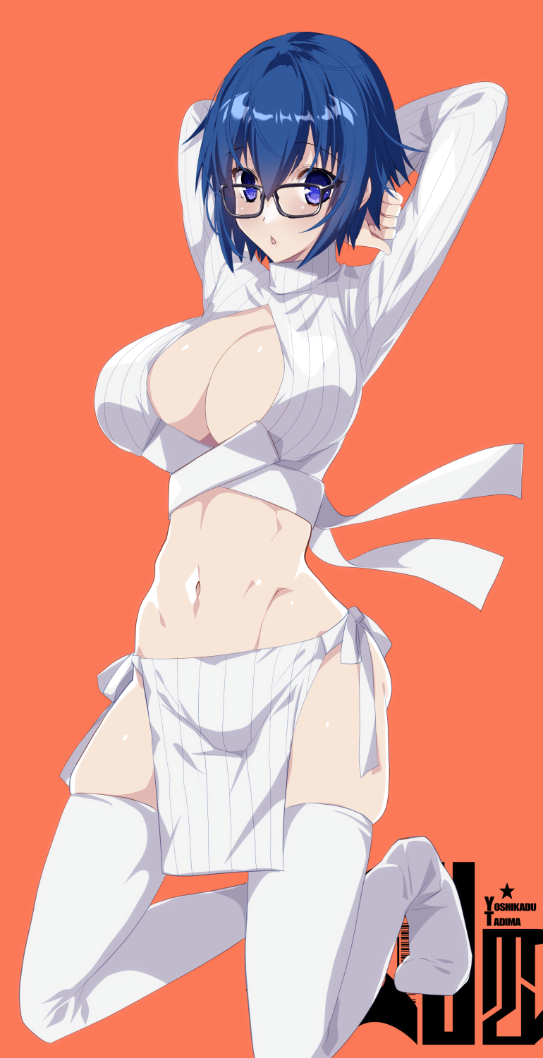 1girl alternate_costume arms_behind_head blue_eyes blue_hair breasts ciel_(tsukihime) cleavage full_body glasses groin highres kneeling large_breasts long_sleeves looking_at_viewer meme_attire navel orange_background parted_lips pelvic_curtain seiza short_hair simple_background sitting solo tajima_yoshikazu thighhighs tsukihime tsukihime_(remake) virgin_killer_outfit white_thighhighs