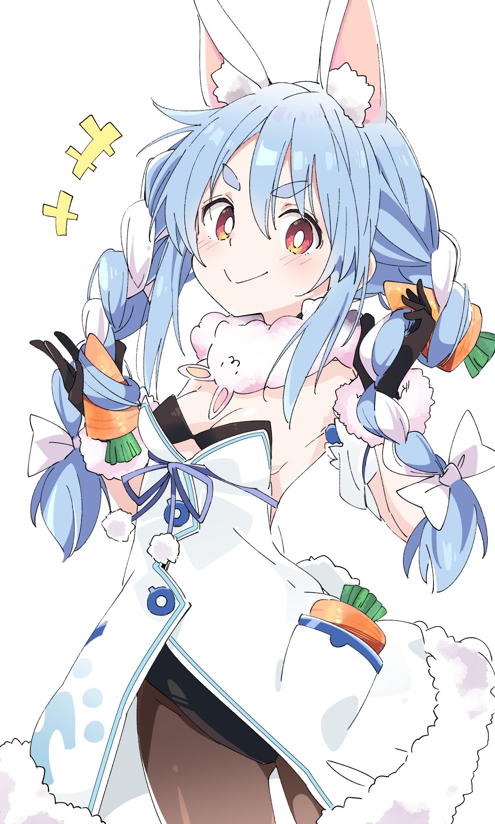 &gt;:) +++ 1girl animal_ear_fluff animal_ears arm_cuffs blue_hair braid breasts bright_pupils carrot_hair_ornament cleavage closed_mouth commentary_request don-chan_(usada_pekora) dress food-themed_hair_ornament fur-trimmed_dress fur-trimmed_gloves fur_scarf fur_trim gloves hair_between_eyes hair_ornament highres hololive ixy long_hair looking_at_viewer medium_breasts multicolored_hair pantyhose rabbit rabbit_ears rabbit_girl rabbit_tail red_eyes sleeveless smile solo tail twintails two-tone_hair usada_pekora usada_pekora_(1st_costume) v-shaped_eyebrows virtual_youtuber white_background white_hair white_pupils