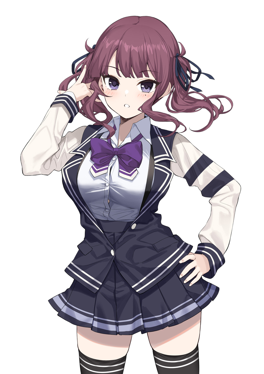 1girl adjusting_hair black_jacket black_ribbon black_thighhighs blazer blue_skirt blunt_bangs blush bow bowtie breasts cevio collared_shirt hair_ribbon hand_on_own_hip highres jacket large_breasts long_hair long_sleeves looking_at_viewer miniskirt mole mole_under_eye natsuki_karin open_mouth pleated_skirt purple_bow purple_bowtie purple_eyes red_hair ribbon school_uniform shirt sidelocks skirt solo standing suspenders synthesizer_v thighhighs twintails white_background white_shirt yappen zettai_ryouiki