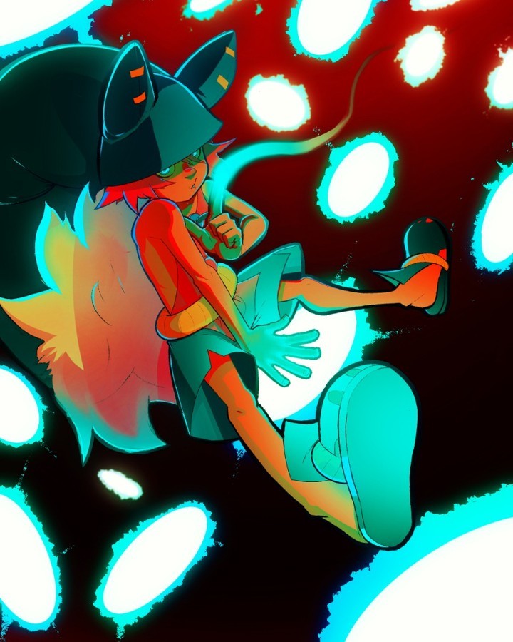 1boy blonde_hair child commentary commentary_request dofus fantasy glowing glowing_eyes gradient_background green_headwear hair_between_eyes hat kickstarter looking_at_viewer magic male_focus portal_(object) shorts slippers solo uhhh_snaps wakfu yugo_(wakfu)