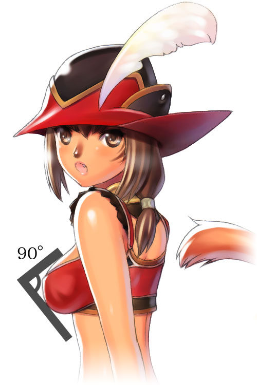 1girl :o animal_nose avatar_(ff11) breasts brown_eyes brown_hair cat_girl cat_tail covered_nipples facial_mark fang feathers final_fantasy final_fantasy_xi hair_between_eyes hat hat_feather long_hair low-tied_long_hair medium_breasts mithra_(ff11) open_mouth red_mage simple_background solo tail tail_raised taisai_soft upper_body whisker_markings white_background white_feathers