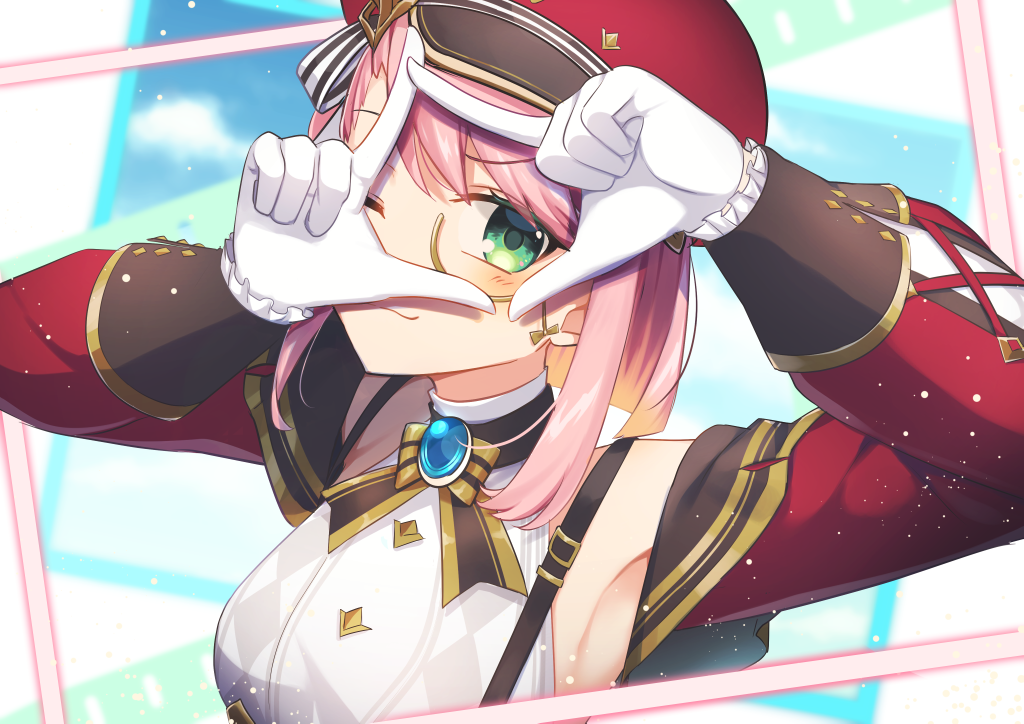 1girl ;3 arms_up blue_gemstone blue_sky blush bow bowtie brooch buttons cabbie_hat charlotte_(genshin_impact) closed_mouth cloud commentary_request day detached_sleeves eyelashes eyewear_strap finger_frame frilled_sleeves frills gem genshin_impact gloves gold_trim green_eyes hat hat_ribbon hinata_(uzukitten) jewelry light_particles long_sleeves looking_at_viewer medium_hair monocle one_eye_closed parted_bangs pink_hair red_headwear red_sleeves ribbon shirt sky sleeve_cuffs sleeveless sleeveless_shirt smile solo suspenders swept_bangs upper_body white_background white_gloves white_shirt