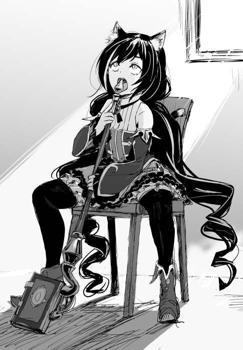 1girl animal_ear_fluff animal_ears book boots cat_ears cat_girl chair commentary_request detached_sleeves dress fold-over_boots full_body greyscale gun_fellatio_(shingeki_no_kyojin) karyl_(princess_connect!) long_hair looking_up low_twintails medium_bangs meme monochrome multicolored_clothes multicolored_dress multicolored_hair mushi_gyouza open_mouth parody princess_connect! shingeki_no_kyojin sitting solo staff streaked_hair thighhighs twintails very_long_hair