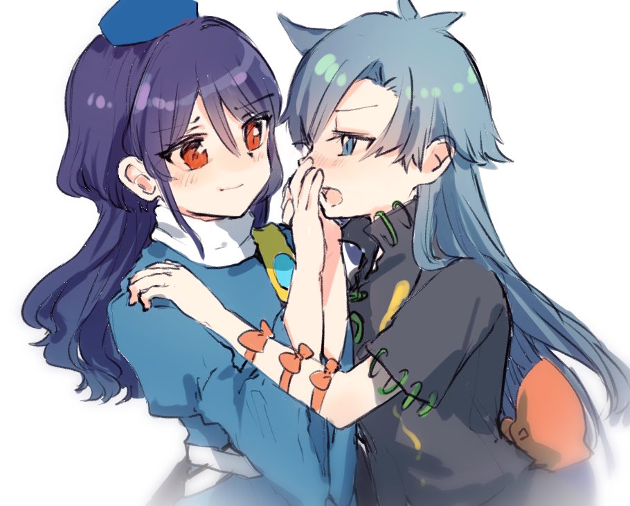 2girls blue_dress blue_eyes blue_hair blurry commentary_request covering_another's_mouth dark_blue_hair depth_of_field dress eye_contact from_side hair_behind_ear hand_on_another's_face hands_up hat himemushi_momoyo iizunamaru_megumu long_hair looking_at_another multiple_girls profile red_eyes shukinuko simple_background sleeves_past_elbows soft_focus tokin_hat touhou upper_body very_long_hair white_background yuri