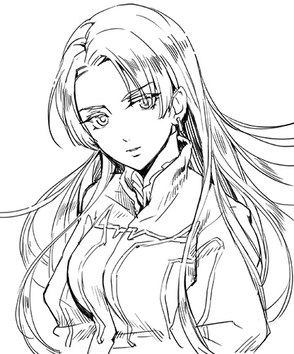 1girl breasts chris_lightfellow closed_mouth earrings gensou_suikoden gensou_suikoden_iii jewelry long_hair looking_at_viewer lowres monochrome sassa_(cb) simple_background solo white_background
