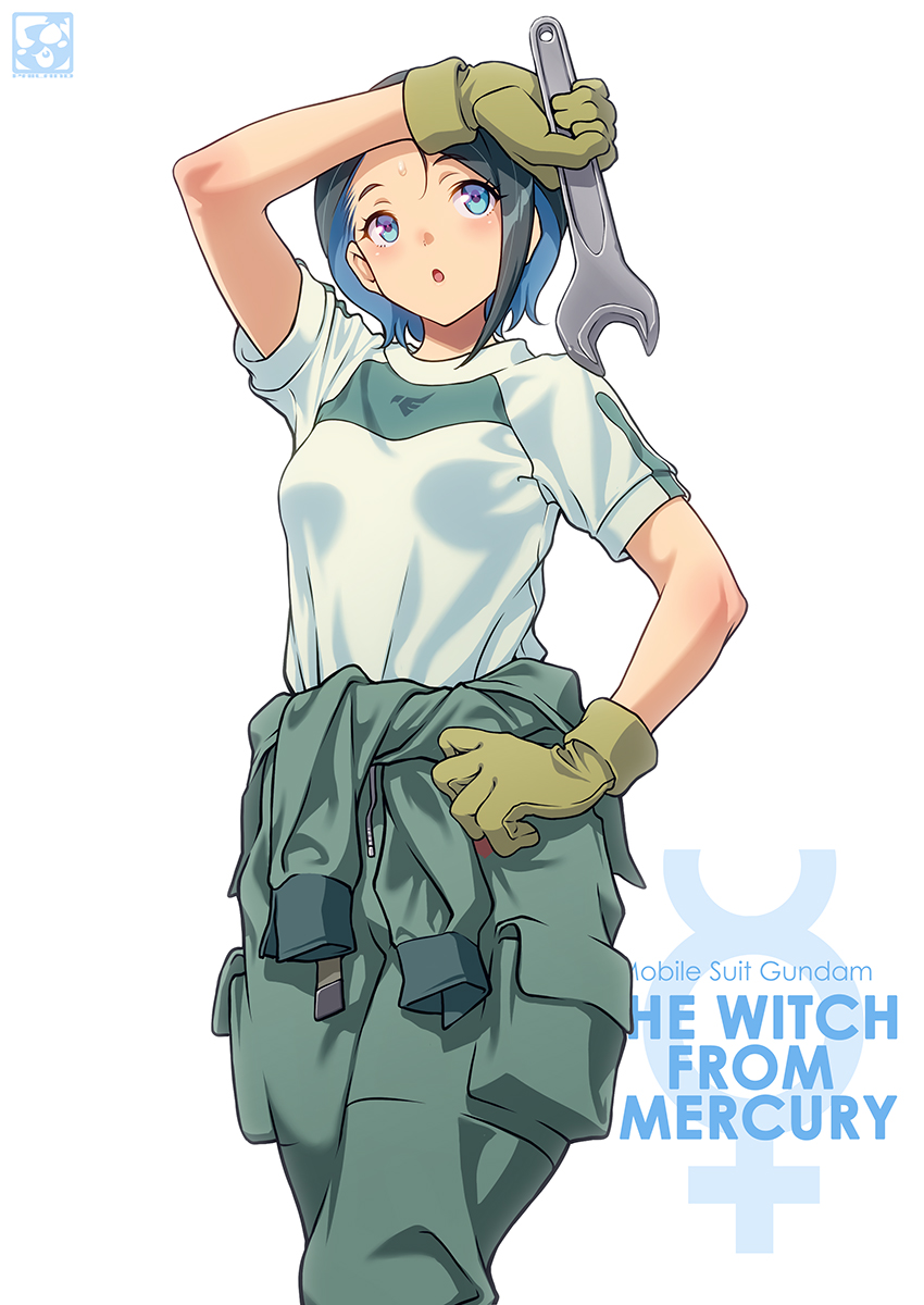 1girl bare_shoulders blue_eyes blue_hair copyright_name feet_out_of_frame gloves greyscale gundam gundam_suisei_no_majo gym_uniform highres looking_at_viewer monochrome nika_nanaura open_mouth overalls pairan shirt short_sleeves simple_background solo standing white_background white_shirt yellow_gloves