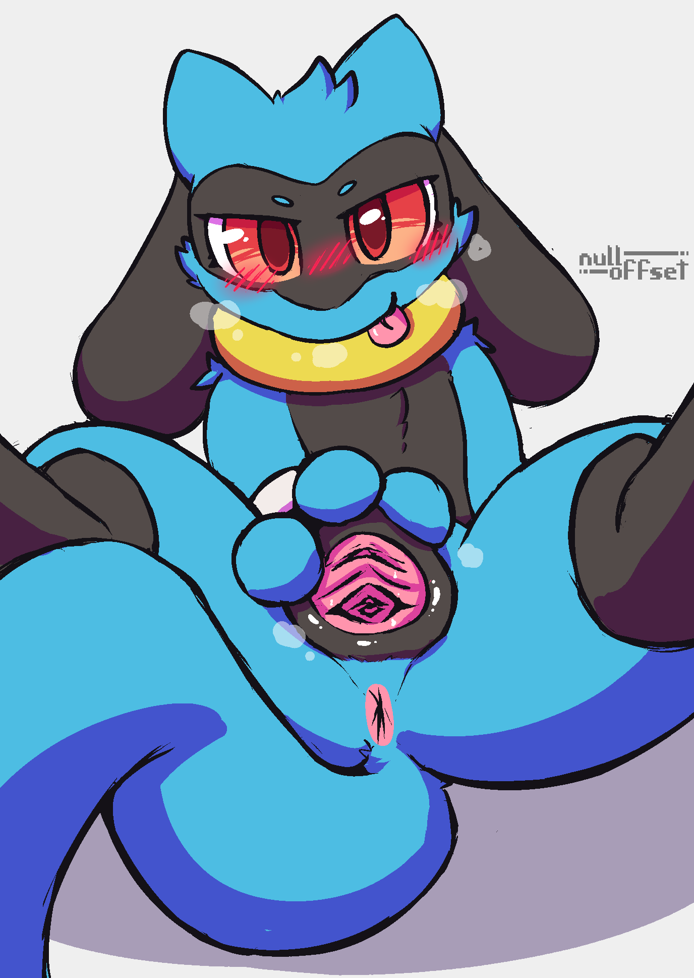 animal_genitalia animal_pussy anus blush blush_lines breath breath_cloud canine_genitalia canine_pussy close-up female feral front_view generation_4_pokemon genitals hi_res nintendo nulloffset pokemon pokemon_(species) pussy riolu solo spread_legs spread_pussy spreading tongue tongue_out wet