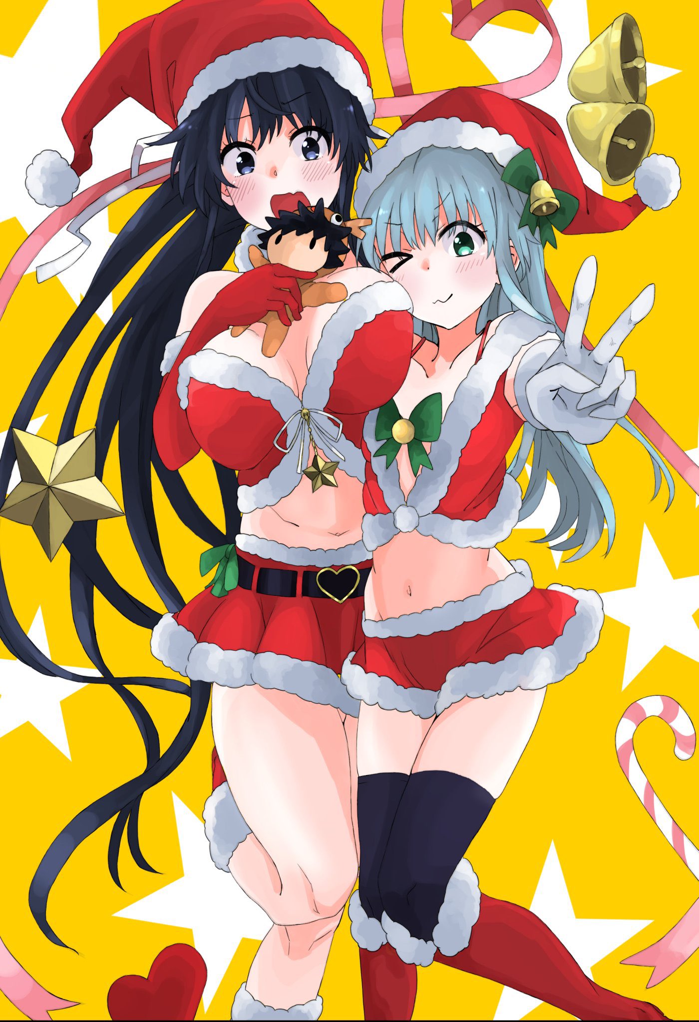 &gt;_o 2girls alternate_eye_color bell belt black_belt black_eyes black_hair black_thighhighs boots breasts candy candy_cane character_doll commentary_request doll elbow_gloves food frogboxed fur-trimmed_footwear fur-trimmed_gloves fur-trimmed_headwear fur-trimmed_skirt fur_trim gloves green_eyes grey_hair hair_ribbon hat heart_belt highres holding holding_doll index_(toaru_majutsu_no_index) jingle_bell kamijou_touma kanzaki_kaori knee_boots large_breasts long_hair looking_at_viewer midriff miniskirt multiple_girls navel one_eye_closed open_mouth outstretched_arm pink_ribbon ponytail red_footwear red_gloves red_skirt ribbon santa_costume santa_hat side-by-side skirt small_breasts smile standing standing_on_one_leg star_(symbol) thighhighs toaru_majutsu_no_index very_long_hair white_gloves white_ribbon yellow_background