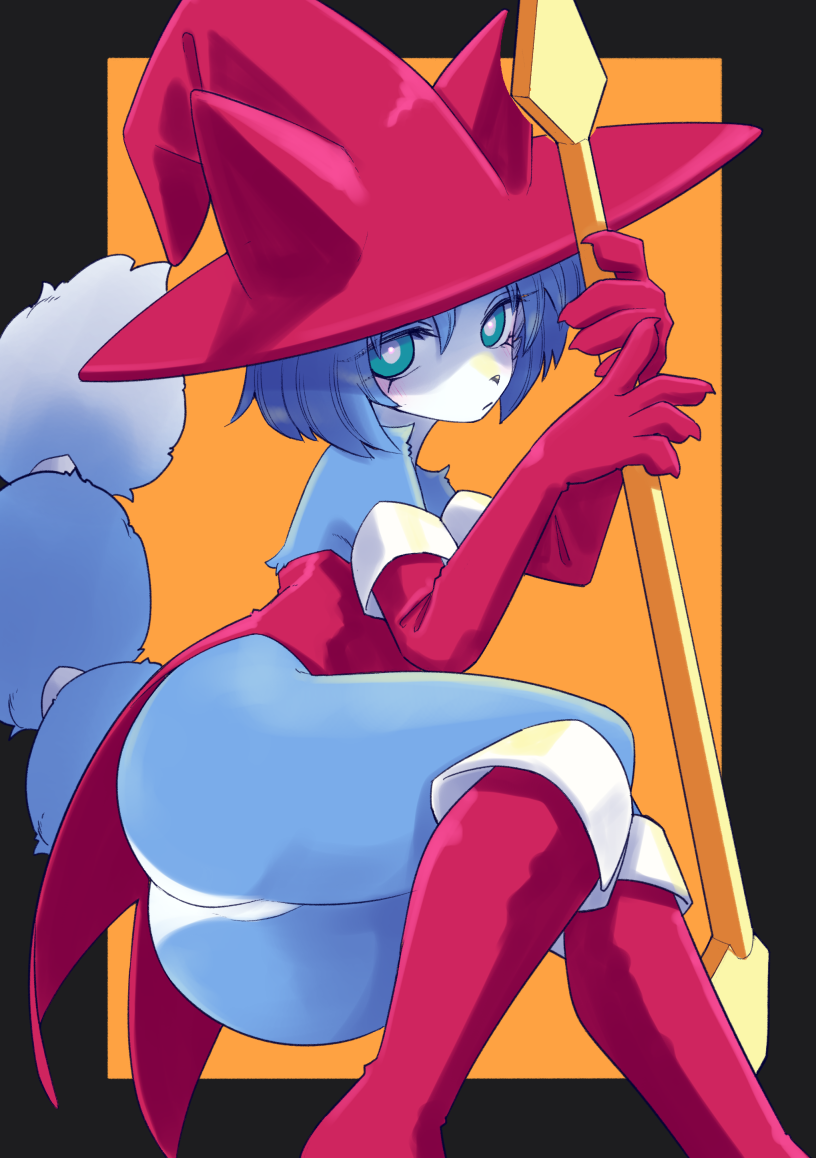 2023 anthro armwear blue_body blue_butt blue_fur blue_hair blue_tail butt canid canine clothed clothing featureless_crotch footwear fox fur hair hat headgear headwear krystal looking_at_viewer mammal nintendo star_fox tail unousaya white_butt witch_costume witch_hat