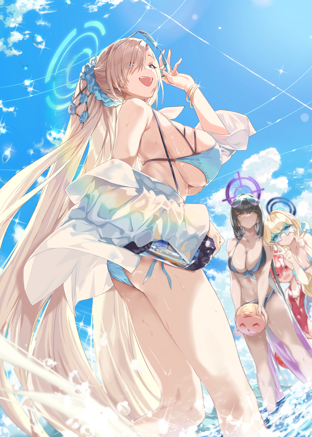 4girls alternate_costume asuna_(blue_archive) bare_shoulders bikini blonde_hair blue_archive blue_bikini blue_eyes blue_scrunchie blue_sky blush bracelet breasts cleavage day double_v eyewear_on_head hair_ornament hair_scrunchie halo highres jewelry karin_(blue_archive) large_breasts long_hair looking_at_viewer multiple_girls neru_(blue_archive) ohland one-piece_swimsuit open_mouth outdoors ponytail red_eyes red_hair red_one-piece_swimsuit scrunchie sky smile solo_focus sunglasses swimsuit toki_(blue_archive) v very_long_hair yellow_eyes