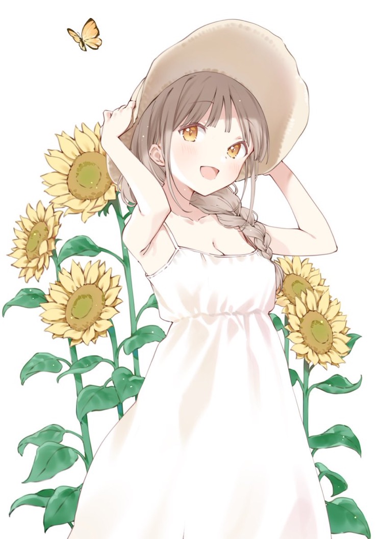 1girl armpits arms_up blush braid breasts brown_headwear bug butterfly cleavage collarbone cowboy_shot dress flower hair_over_shoulder hands_on_headwear hat long_hair looking_at_viewer maigoyaki open_mouth original simple_background single_braid small_breasts solo sun_hat sundress sunflower white_background yellow_eyes