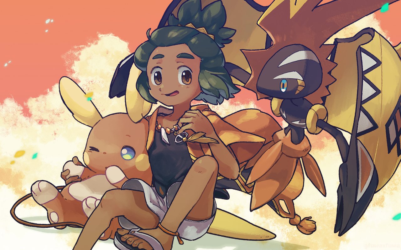 1boy alolan_raichu alternate_color dark-skinned_male dark_skin fuwaxfuwa green_hair hau_(pokemon) hau_(sygna_suit)_(pokemon) jewelry male_focus necklace official_alternate_costume one_eye_closed pokemon pokemon_(game) pokemon_masters_ex ponytail sandals tapu_koko