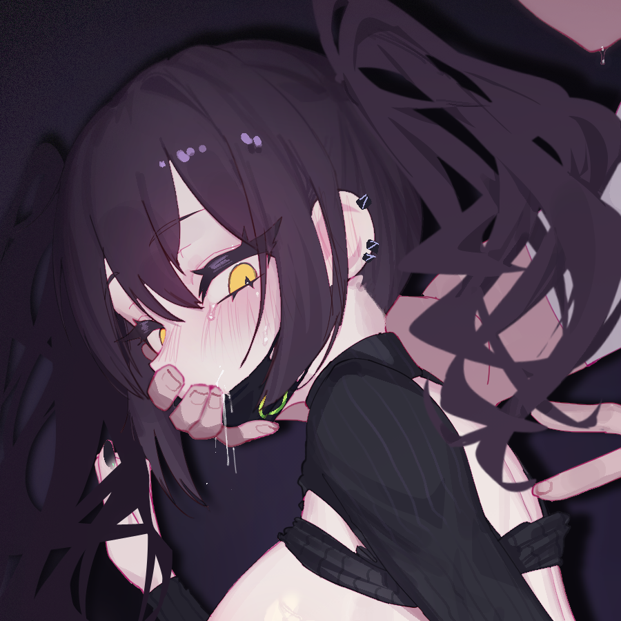 1boy 1girl black_background black_hair black_nails black_shirt blush breasts clothes_lift covered_mouth covering_mouth cropped drooling earclip eonsang girls'_frontline hair_between_eyes hand_over_another's_mouth hand_up large_breasts long_hair long_sleeves looking_at_viewer mask mask_around_neck mouth_mask nail_polish out_of_frame portrait saliva sangvis_ferri scarecrow_(girls'_frontline) shirt shirt_lift sidelocks simple_background solo solo_focus sweat tearing_up twintails yellow_eyes