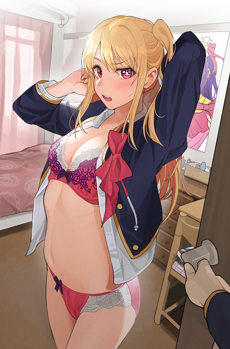 1boy 1girl bed bedroom blonde_hair blush bow bowtie bra breasts brother_and_sister commentary_request door highres hoshino_aquamarine hoshino_ruby long_hair mismatched_pupils navel one_side_up opening_door oshi_no_ko panties red_bow red_bowtie red_bra red_eyes red_panties school_uniform siblings small_breasts solo_focus star-shaped_pupils star_(symbol) stomach symbol-shaped_pupils tipii twins underwear undressing walk-in youtou_high_school_uniform