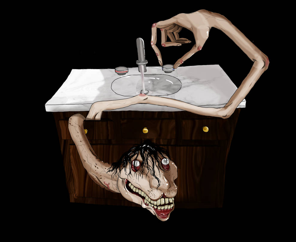 2018 ambiguous_gender black_hair digital_drawing_(artwork) digital_media_(artwork) drawer earless empty_eyes eyesicle greasy_hair gums_showing hair long_arms long_fingers long_neck messy_hair monster nightmare_fuel running_water sink smile solo story story_in_description tan_body tan_skin teeth vein where_is_your_god_now yellow_teeth