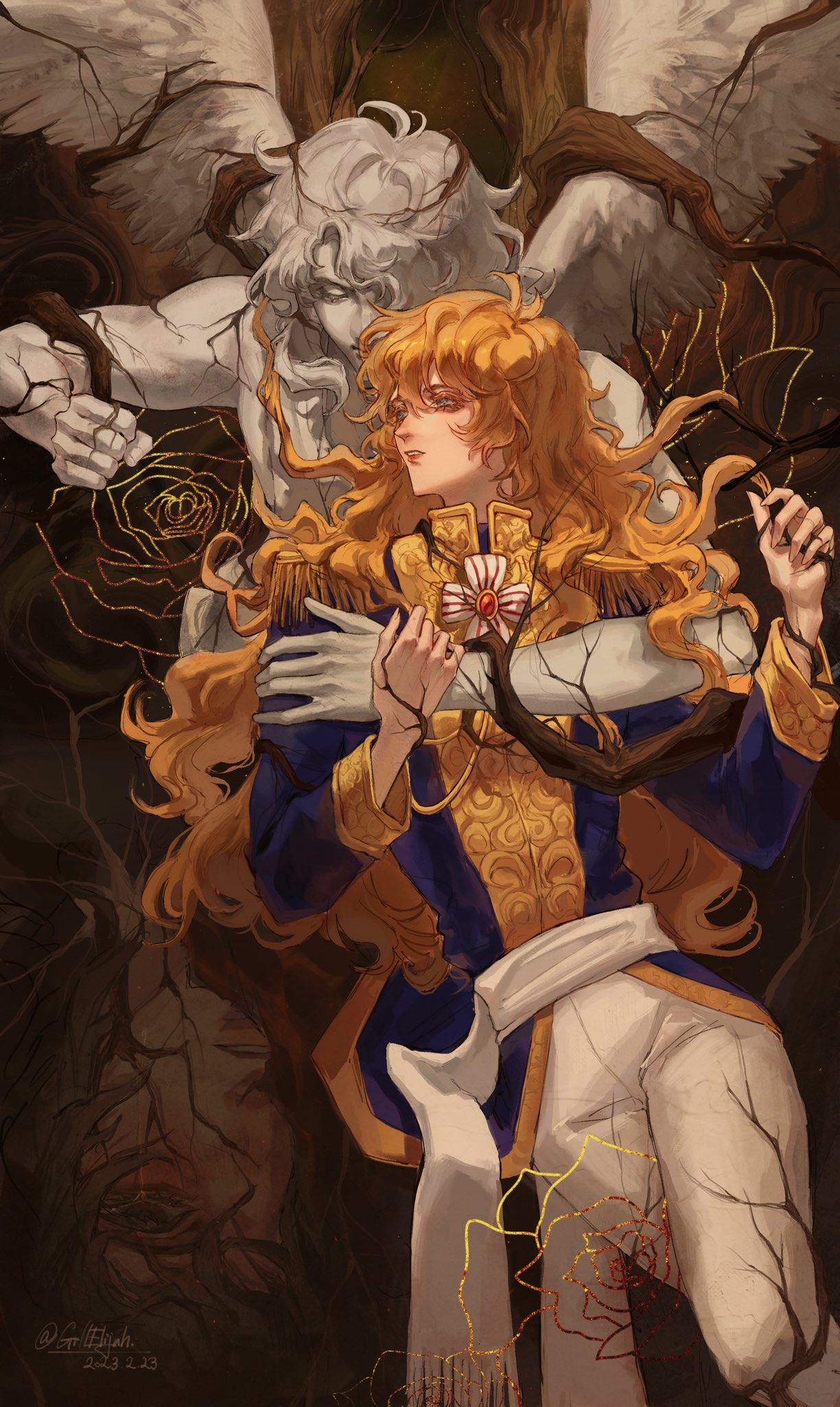 1boy 1girl andre_grandier androgynous angel_statue black_hair blonde_hair blue_eyes blue_jacket brooch clenched_hand crying crying_with_eyes_open dated english_commentary entangled epaulettes flower gille035 hands_up highres hug hug_from_behind jacket jewelry knee_up long_hair long_sleeves looking_to_the_side mixed-language_commentary one_eye_covered oscar_francois_de_jarjayes pants parted_lips projected_inset restrained reverse_trap roots rose sash solo solo_focus statue tears tree twitter_username upside-down versailles_no_bara white_pants