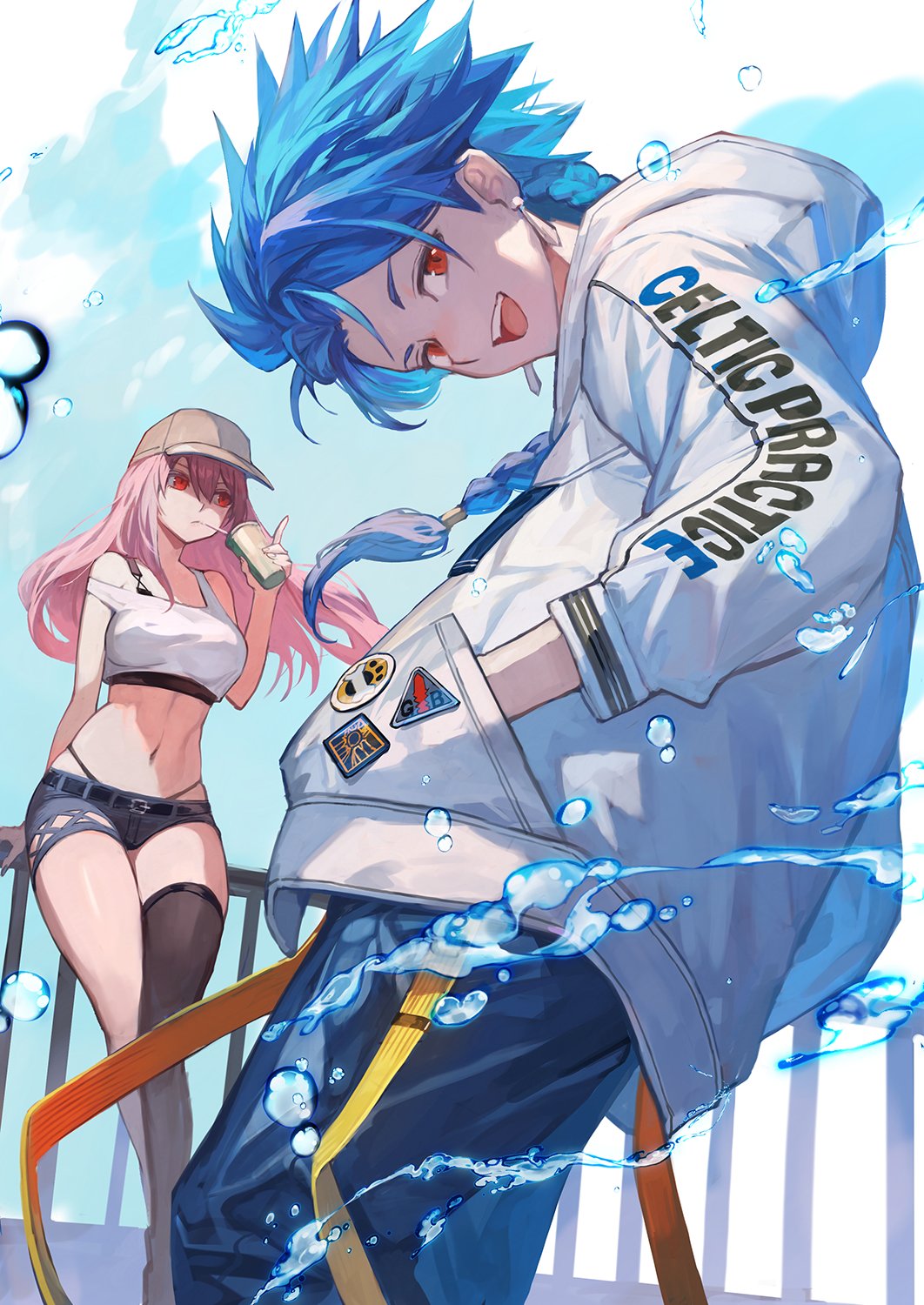 1boy 1girl black_thighhighs blue_hair blue_sky braid braided_ponytail cetacean_tail child crop_top cu_chulainn_(fate) cup denim denim_shorts disposable_cup drinking drinking_straw earrings fate/grand_order fate_(series) fins fish_tail hands_in_pockets hat highres jacket jewelry lack long_hair looking_at_viewer looking_to_the_side male_child midriff navel off_shoulder open_clothes open_jacket pink_hair red_eyes scathach_(fate) setanta_(fate) short_shorts shorts single_thighhigh sky smile tail thighhighs white_jacket