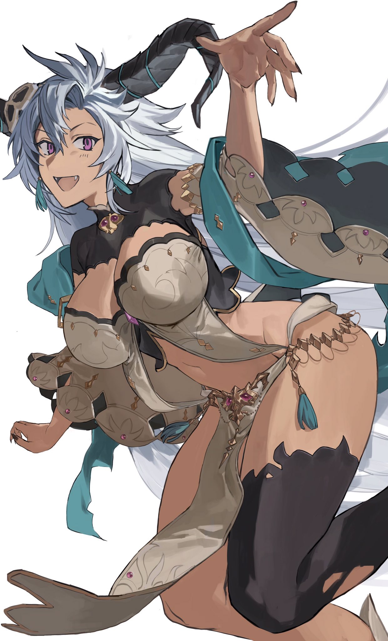 1girl black_nails breasts detached_sleeves fangs fediel_(granblue_fantasy) granblue_fantasy grey_hair hashibiro_kou_(garapiko_p) highres horns large_breasts long_hair navel pelvic_curtain purple_eyes single_thighhigh solo thighhighs white_background wide_sleeves