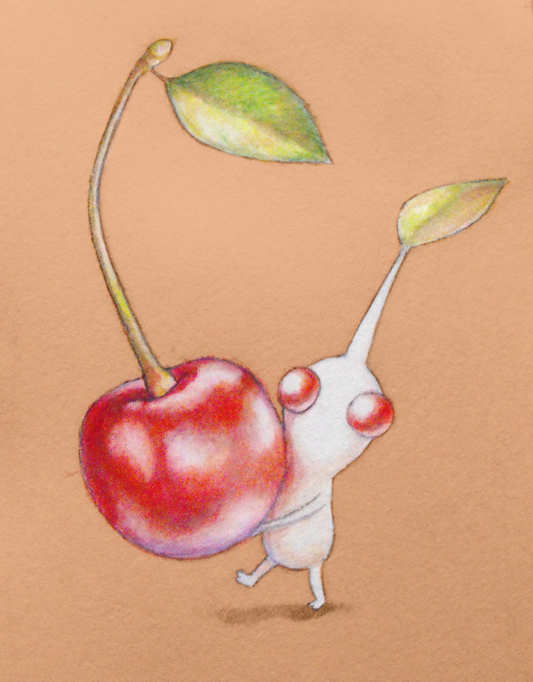 brown_background cherry colored_pencil_(medium) colored_skin cortoony english_commentary food fruit holding holding_food holding_fruit leaf looking_at_viewer marker_(medium) no_humans painting_(medium) pikmin_(creature) pikmin_(series) red_eyes shadow tiny traditional_media walking watercolor_(medium) white_pikmin white_skin