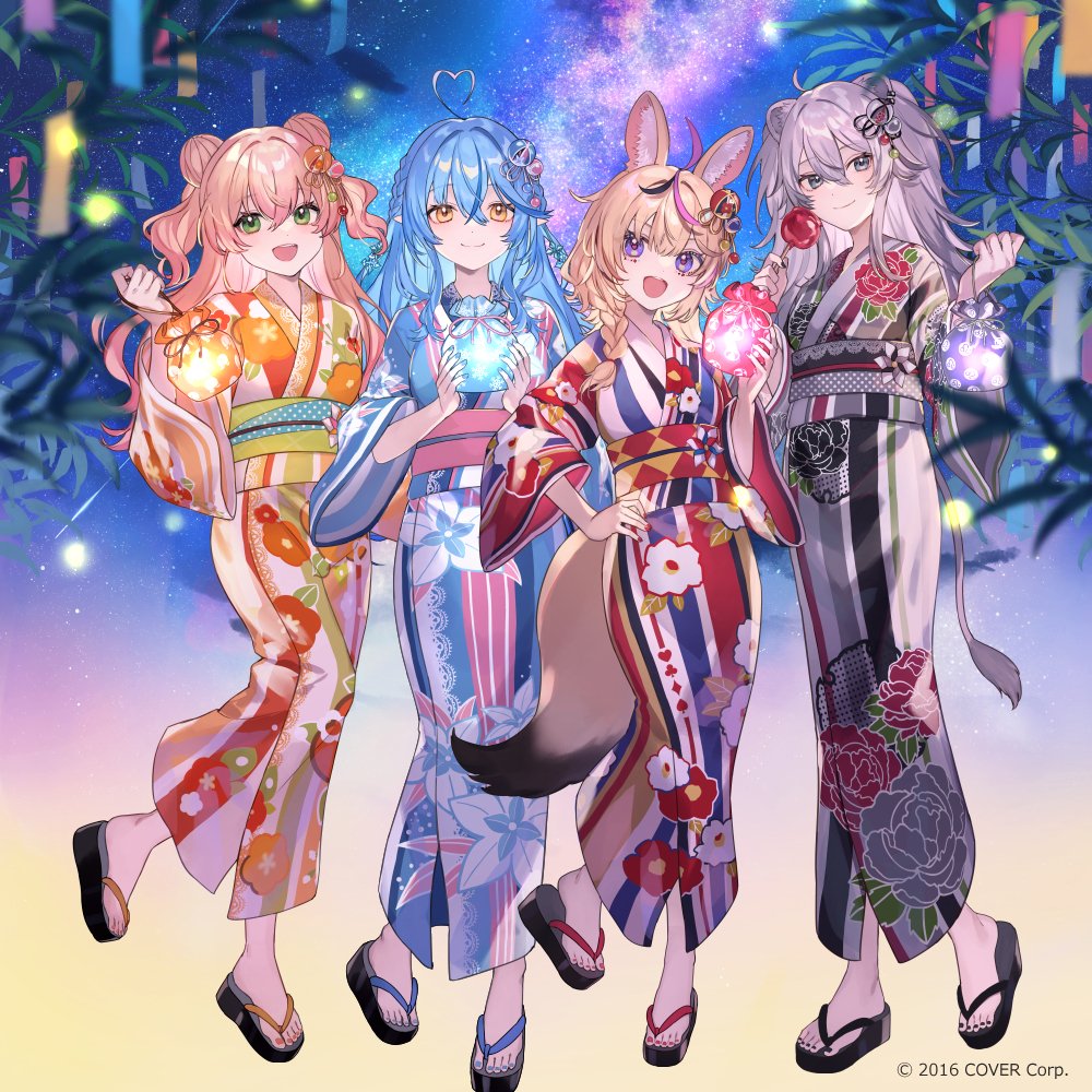 4girls ahoge alternate_costume animal_ear_fluff animal_ears black_footwear black_kimono black_nails blonde_hair blue_hair blue_kimono blue_nails blurry blurry_background braid breasts candy_apple closed_mouth commentary_request copyright_name crossed_bangs depth_of_field double_bun feet floral_print food fox_ears fox_girl fox_tail full_body gradient_background green_eyes grey_eyes grey_hair grey_kimono hair_between_eyes hair_bun hair_ornament hand_on_own_hip hand_up hands_up heart heart_ahoge holding hololive japanese_clothes kimono lion_girl lion_tail long_hair looking_at_viewer momosuzu_nene multicolored_clothes multicolored_kimono multiple_girls nail_polish nepolabo night obi obijime official_art omaru_polka open_mouth orange_eyes orange_kimono orange_nails pink_sash playing_card_theme print_kimono purple_eyes red_nails sandals sash shishiro_botan shugao sidelocks smile standing standing_on_one_leg starry_background tail tanabata tanzaku teeth toenail_polish toenails toes twin_braids two_side_up upper_teeth_only virtual_youtuber wide_sleeves yukata yukihana_lamy