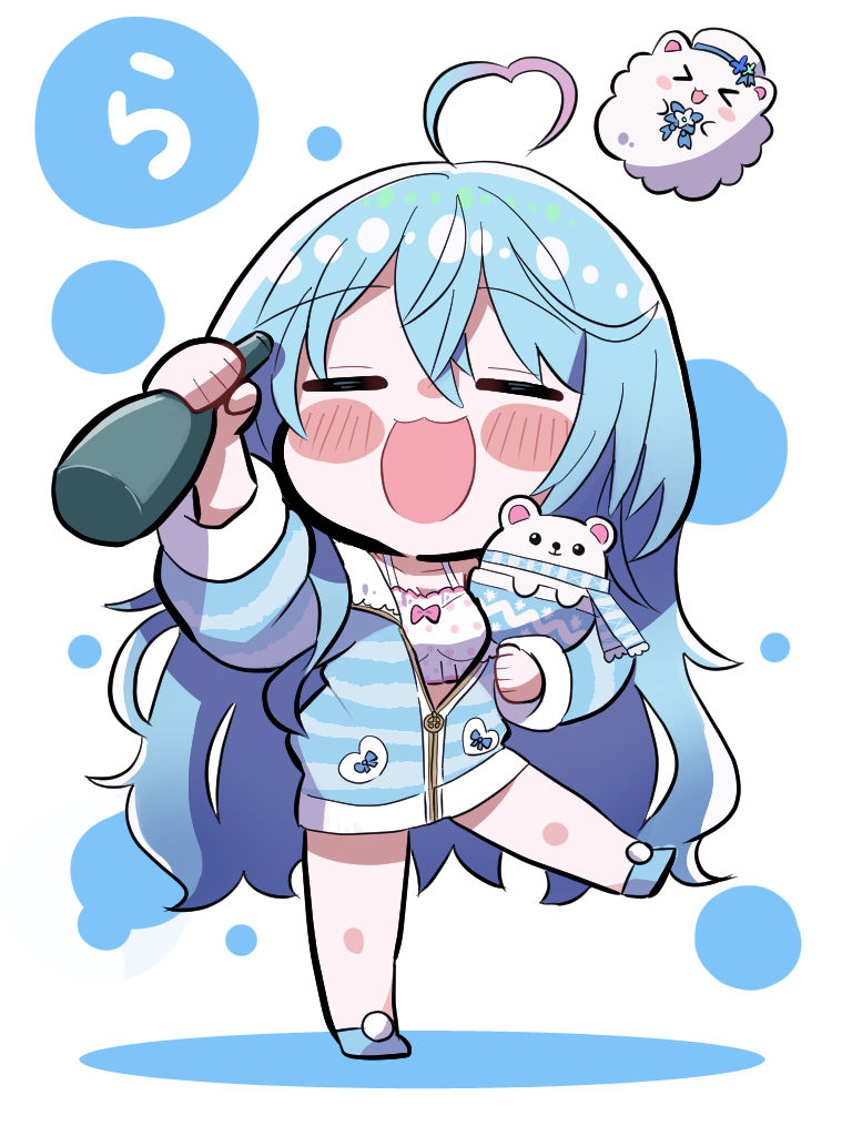 1girl =_= ahoge blue_footwear blue_hair blue_jacket blush_stickers bottle camisole chibi commentary creature daifuku_(yukihana_lamy) double-parted_bangs drunk frilled_camisole frills full_body fur-trimmed_jacket fur_trim hair_between_eyes heart heart_ahoge holding holding_bottle hololive jacket long_hair messy_hair multicolored_hair nabe_(nabe_otome) official_alternate_costume official_alternate_hairstyle open_mouth partially_unzipped polka_dot_camisole sake_bottle sleepwear slippers solo_focus streaked_hair striped striped_jacket very_long_hair virtual_youtuber white_camisole yukihana_lamy yukihana_lamy_(4th_costume) yukimin_(yukihana_lamy)