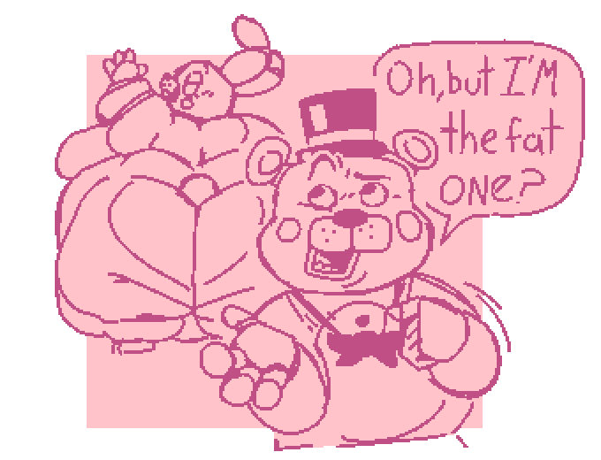 animatronic anthro bear belly belly_overhang big_belly big_butt butt dialogue double_chin duo english_text fat_rolls five_nights_at_freddy's five_nights_at_freddy's_2 huge_butt huge_thighs hyper hyper_belly hyper_butt hyper_thighs lagomorph leporid love_handles machine male mammal moobs morbidly_obese morbidly_obese_anthro morbidly_obese_male obese obese_anthro obese_male overweight overweight_anthro overweight_male rabbit rear_view robot roundedpentagon scottgames text thick_arms thick_thighs toy_bonnie_(fnaf) toy_freddy_(fnaf)