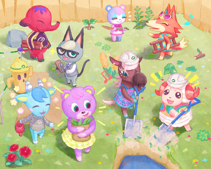 4boys 4girls :d ^_^ animal_crossing aqua_dress audie_(animal_crossing) bag beamed_eighth_notes black-framed_eyewear black_jacket blue_dress blue_necktie blush_stickers bow bowtie brown_eyes closed_eyes closed_mouth collared_shirt commentary_request curled_horns cyd_(animal_crossing) day dom_(animal_crossing) dress dress_shirt eyelashes eyewear_on_head fangs flower furry furry_female furry_male glasses grass green_eyes grey_horns grey_sweater grey_vest gyroid_(animal_crossing) hard_hat hat helmet heterochromia holding holding_ladder holding_shovel holding_watering_can horns hugging_object jacket judy_(animal_crossing) ladder long_sleeves looking_at_viewer megan_(animal_crossing) moai_(aoh) multicolored_shirt multiple_boys multiple_girls musical_note necktie notice_lines open_mouth outdoors pink_bow pink_bowtie pink_dress purple-tinted_eyewear raymond_(animal_crossing) red_flower reneigh_(animal_crossing) rock sherb_(animal_crossing) shirt short_sleeves shovel shoveling sleeveless sleeveless_dress smile sprout standing stick sunglasses sweater teeth tinted_eyewear two-tone_dress upper_teeth_only v-shaped_eyebrows vest walking watering_can white-framed_eyewear white_headwear white_shirt yellow_dress yellow_flower yellow_headwear