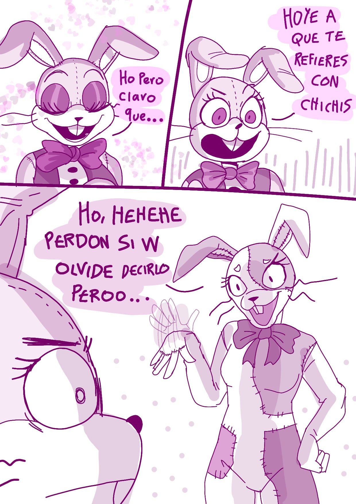 anthro bow_accessory buckteeth clothing comic confusion dialogue duo female five_nights_at_freddy's glitchtrap happy hi_res lagomorph leporid male mammal monochrome rabbit renita_reed scottgames simple_background spanish_text speech_bubble sweater teeth text topwear vanny_(fnaf) whiskers white_background