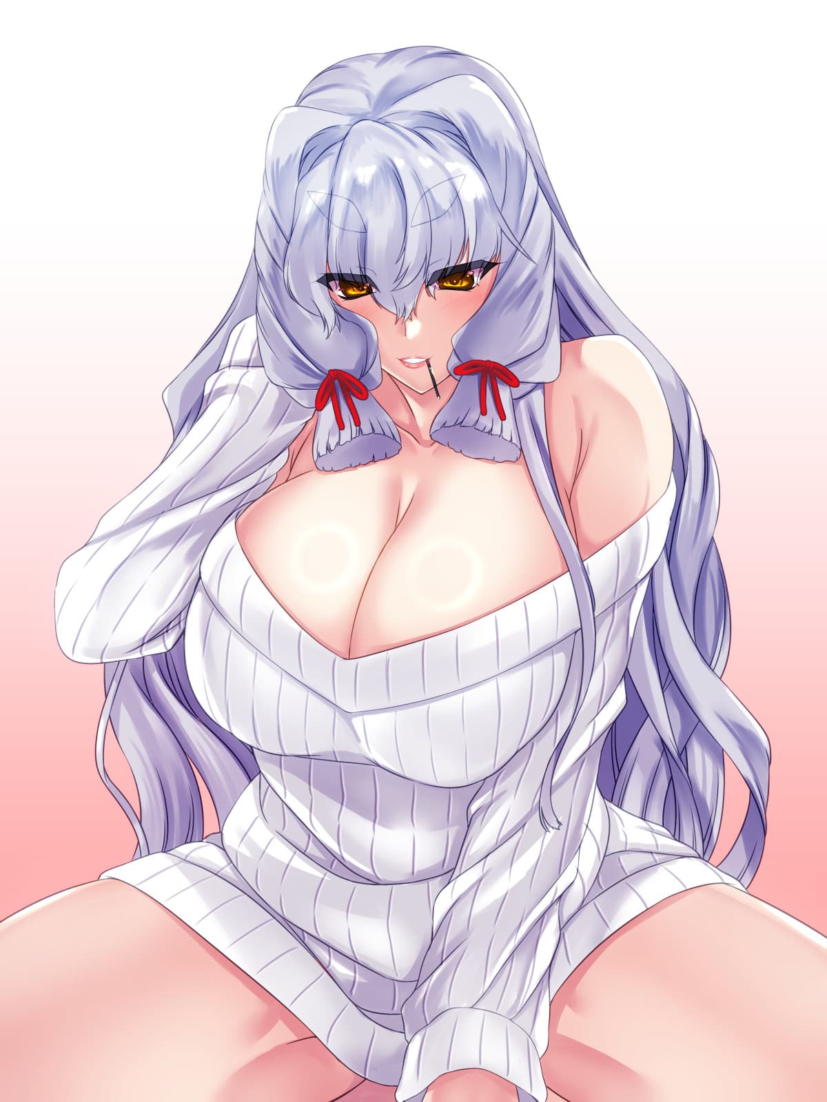 1girl aged_up blush breasts cleavage collarbone food food_in_mouth gradient_background grey_hair grin hair_ribbon hakkai highres huge_breasts kantai_collection long_sleeves looking_at_viewer murakumo_(kancolle) naked_sweater pink_background pocky pocky_in_mouth ribbon sidelocks smile solo sweater tress_ribbon white_sweater yellow_eyes