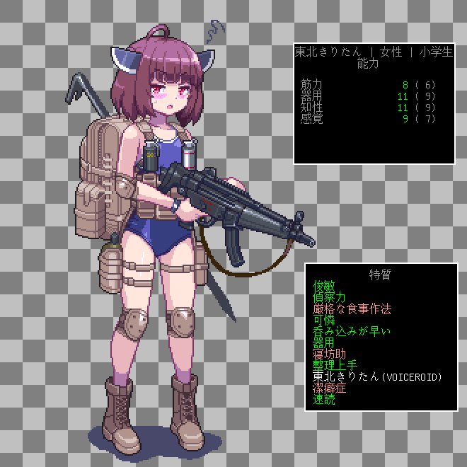 1girl ahoge backpack bag blade blue_one-piece_swimsuit blunt_bangs blush bob_cut boots canteen cataclysm:_dark_days_ahead checkered_background combat_boots commentary_request crowbar e79 elbow_pads embarrassed explosive fake_transparency full_body grenade gun h&amp;k_mp5 headgear holding holding_gun holding_weapon holster knee_pads load_bearing_vest one-piece_swimsuit open_mouth pixel_art red_eyes school_swimsuit short_hair solo squiggle standing stats submachine_gun sweatdrop swimsuit thigh_holster thigh_strap touhoku_kiritan translation_request v-shaped_eyebrows voiceroid watch weapon wristwatch