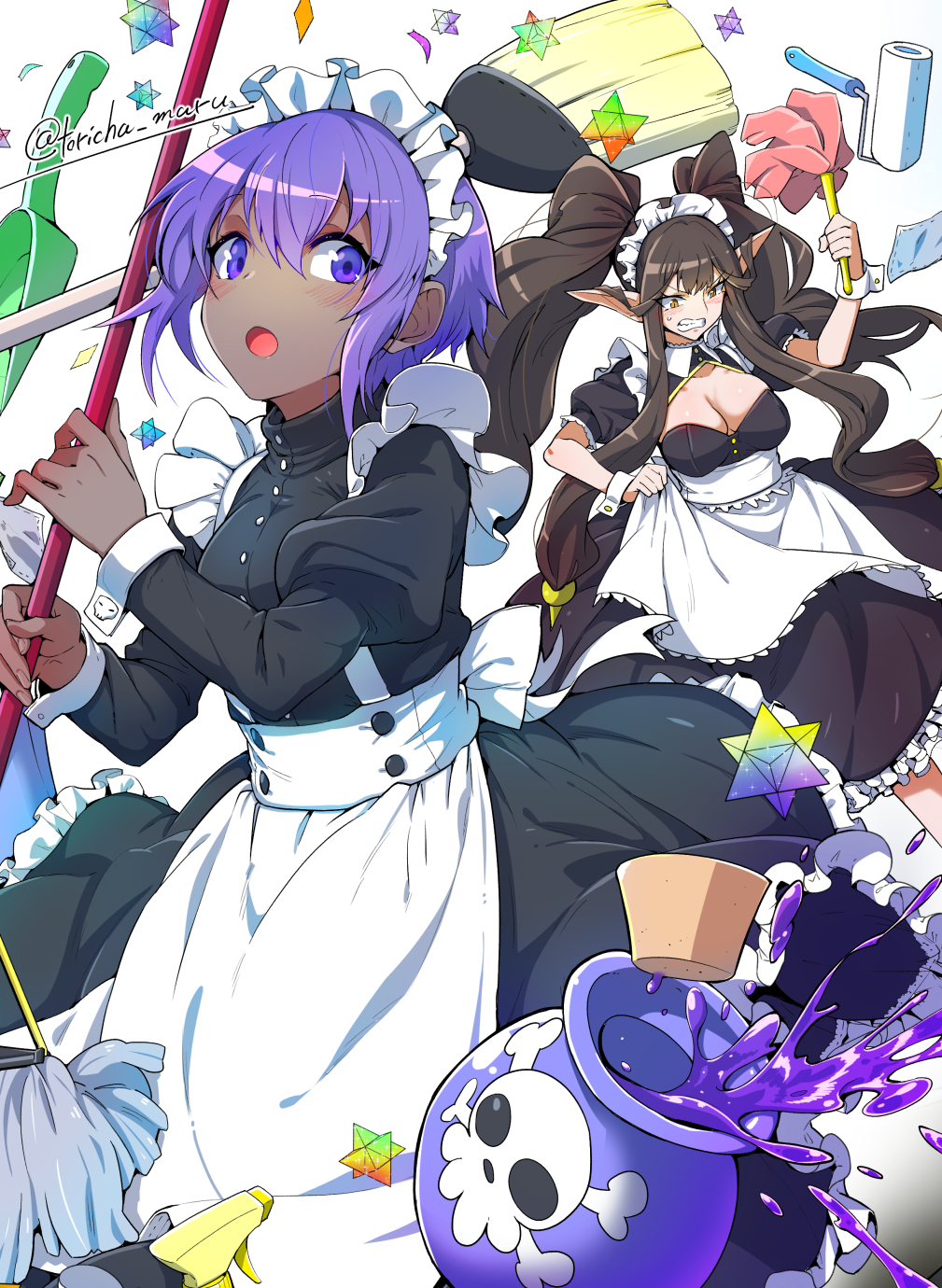 2girls alternate_costume black_dress blush breasts brown_hair cleavage clenched_teeth dark-skinned_female dark_skin dress enmaided fate/apocrypha fate/prototype fate/prototype:_fragments_of_blue_and_silver fate_(series) hassan_of_serenity_(fate) highres jar juliet_sleeves large_breasts long_hair long_sleeves looking_at_viewer maid maid_headdress medium_breasts multiple_girls pointy_ears poison puffy_short_sleeves puffy_sleeves purple_eyes purple_hair semiramis_(fate) short_hair short_sleeves sidelocks teeth torichamaru twintails very_long_hair yellow_eyes