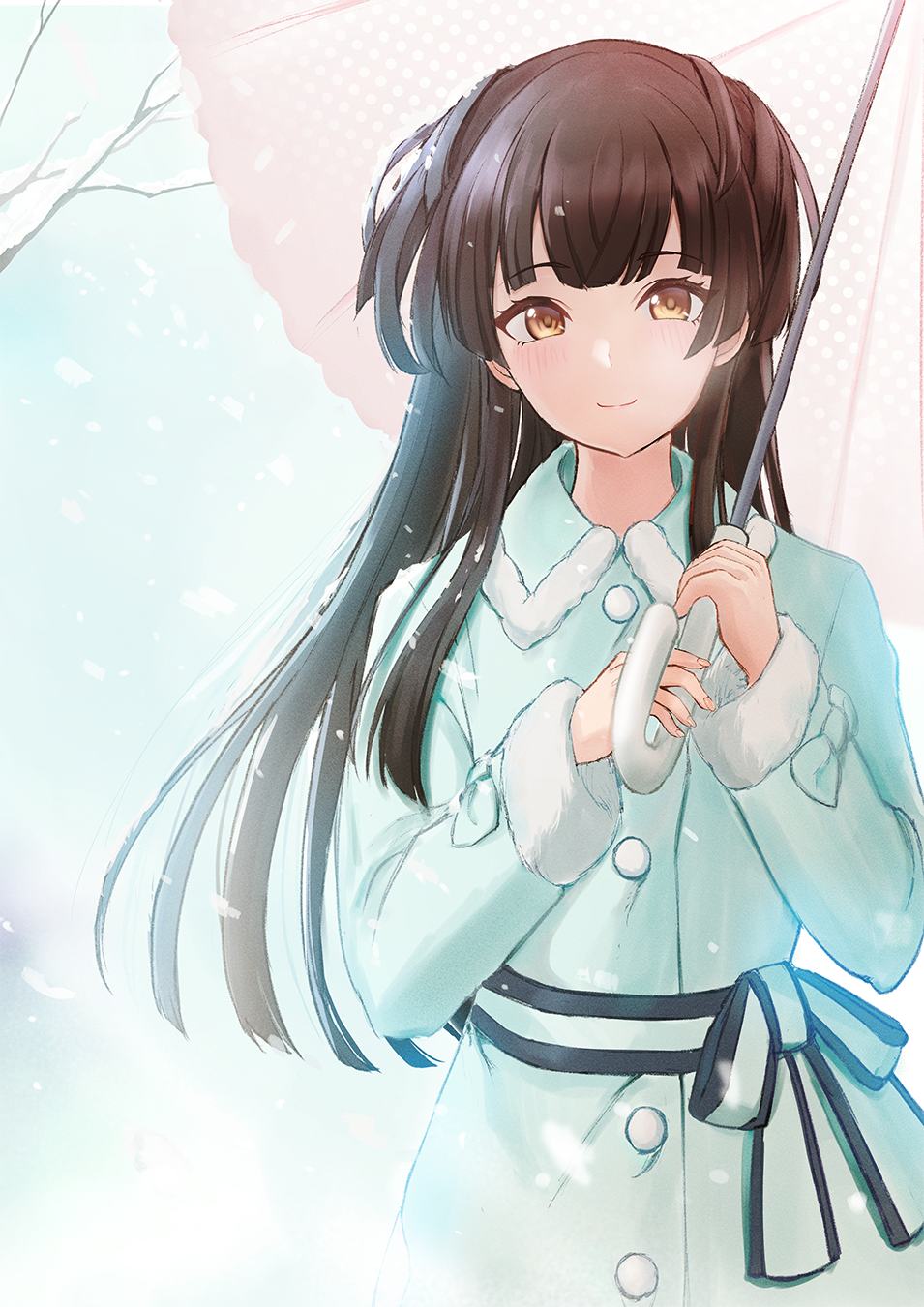 1girl black_hair blunt_bangs blush bow breasts brown_eyes closed_mouth coat dot_nose dress_bow fran_(yuliwei2012) fur-trimmed_coat fur-trimmed_collar fur-trimmed_sleeves fur_trim green_coat highres holding holding_umbrella idolmaster idolmaster_shiny_colors long_hair long_sleeves looking_at_viewer mayuzumi_fuyuko medium_breasts outdoors pink_umbrella polka_dot polka_dot_umbrella smile snowing solo tree two_side_up umbrella upper_body winter