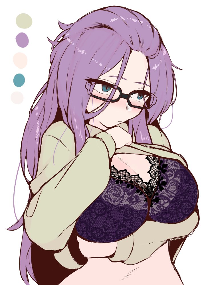 1girl arm_under_breasts bangs_pinned_back black-framed_eyewear blue_eyes blush bra breasts cleavage closed_mouth glasses green_sweater huge_breasts kagamihara_sakura lace-trimmed_bra lace_trim long_hair long_sleeves purple_bra purple_hair shiawase_hougan simple_background solo sweater underwear upper_body very_long_hair white_background yurucamp