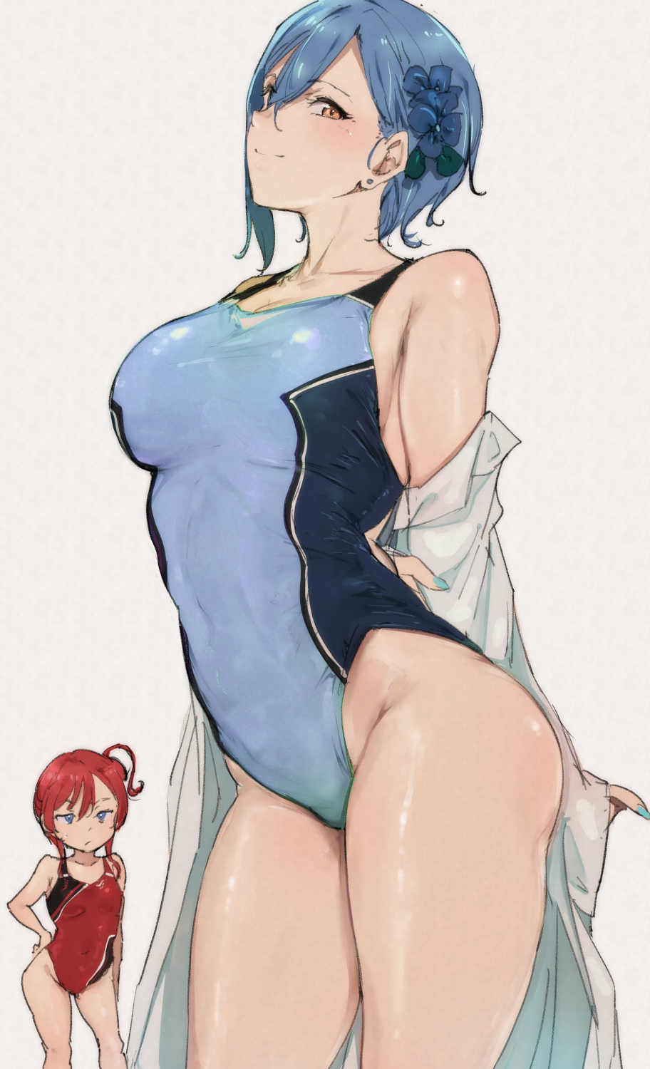 2girls :/ alp alternate_costume black_one-piece_swimsuit blue_eyes blue_flower blue_hair blue_nails blue_one-piece_swimsuit breasts brown_eyes closed_mouth competition_swimsuit flower hair_bun hair_flower hair_ornament hand_on_own_hip highleg highleg_swimsuit highres lab_coat looking_at_another looking_at_viewer love_live! love_live!_superstar!! medium_breasts multiple_girls off_shoulder one-piece_swimsuit red_one-piece_swimsuit short_hair simple_background single_side_bun smile swimsuit two-tone_swimsuit wakana_shiki yoneme_mei
