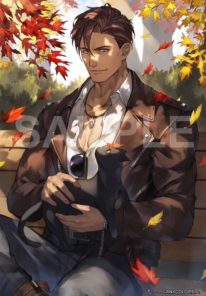 1boy animal autumn_leaves belmond_banderas belt_buckle bench black_cat brown_eyes brown_footwear brown_hair brown_jacket buckle bush cat closed_mouth collarbone collared_shirt copyright dog_tags dress_shirt eyewear_hang falling_leaves feet_out_of_frame figure_four_sitting grey_pants hair_between_eyes holding holding_animal holding_cat jacket kamonegi_(meisou1998) lapels leaf light_rays long_sleeves looking_at_viewer male_focus maple_leaf mature_male nijisanji notched_lapels official_art open_clothes open_collar open_jacket pants park_bench parted_bangs pectoral_cleavage pectorals sample_watermark shirt short_hair sitting solo sunglasses sunlight tree unworn_eyewear virtual_youtuber watch watermark white_shirt wrinkled_skin wristwatch zipper zipper_pull_tab