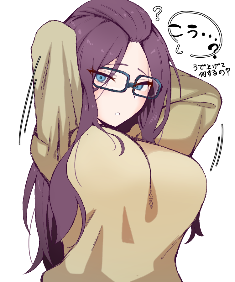 1girl ? arms_behind_head arms_up bangs_pinned_back blue-framed_eyewear blue_eyes breasts commentary_request glasses kagamihara_sakura large_breasts long_hair long_sleeves looking_at_viewer purple_hair shiawase_hougan simple_background solo speech_bubble sweater translation_request upper_body white_background yellow_sweater yurucamp