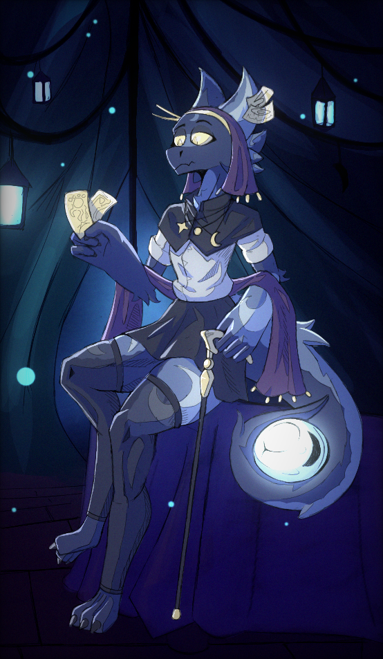 barefoot blind blue_body bottomwear cane card clothed clothing detailed_background feet female fortune_teller fur furred_kobold hatching_(art) headgear headwear holding_card jewelry kobold lamp lantern legwear markings necklace night orb permaclot scalie shaded sitting skirt solo squish stockings tail thigh_squish walking_stick yellow_eyes yellow_sclera