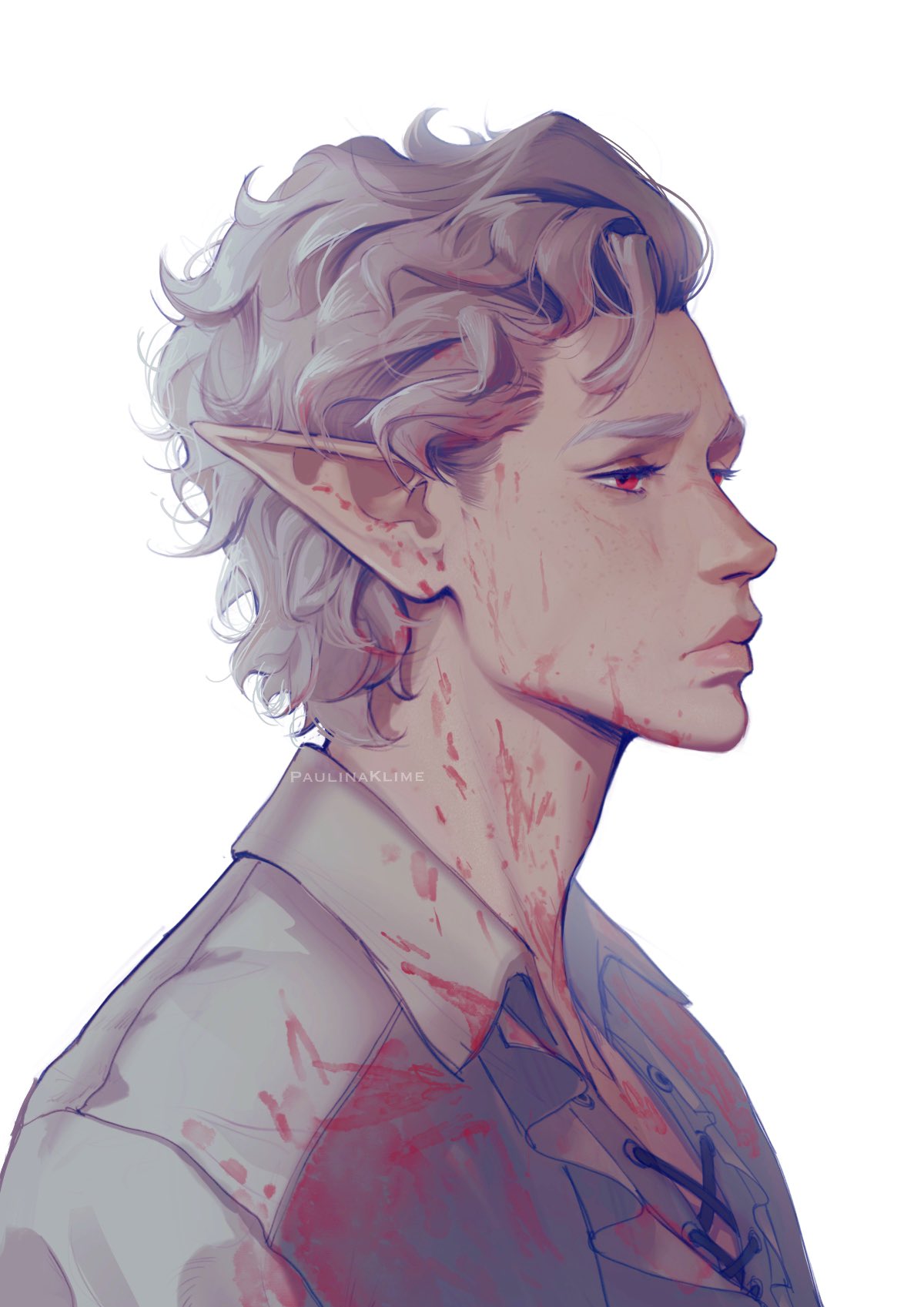 1boy astarion_(baldur's_gate) baldur's_gate baldur's_gate_3 blood blood_on_clothes blood_on_face blouse closed_mouth dungeons_and_dragons from_side grey_hair grey_shirt highres male_focus paulina_klime pointy_ears profile red_eyes sad shirt short_hair simple_background solo upper_body white_background