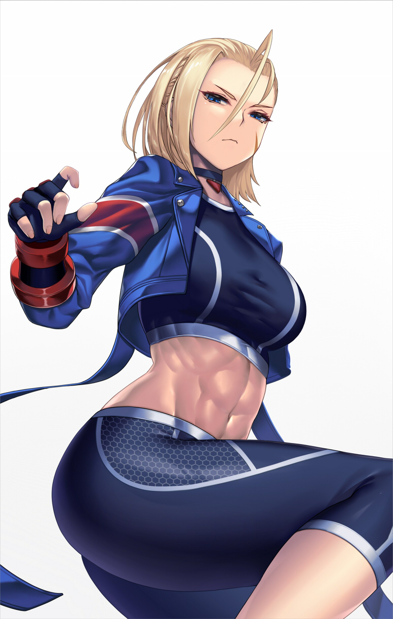 1girl abs black_choker black_gloves black_pants blonde_hair blue_eyes blue_jacket breasts cammy_white choker closed_mouth fingerless_gloves gloves gradient_background grey_background hair_between_eyes highres jacket large_breasts looking_at_viewer midriff navel open_clothes open_jacket pants scar scar_on_face short_hair solo street_fighter street_fighter_6 takanashi-a