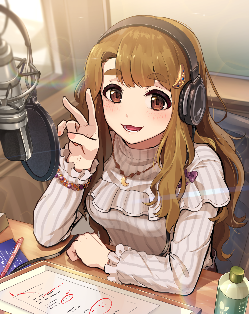 1girl bent_v blush bottle breasts brown_hair frilled_sleeves frills headphones highres idolmaster idolmaster_million_live! indoors kamille_(vcx68) lens_flare long_sleeves looking_at_viewer medium_breasts microphone miyao_miya on_chair pop_filter radio_booth redrawn shirt sitting smile solo striped striped_shirt thick_eyebrows v vertical-striped_shirt vertical_stripes