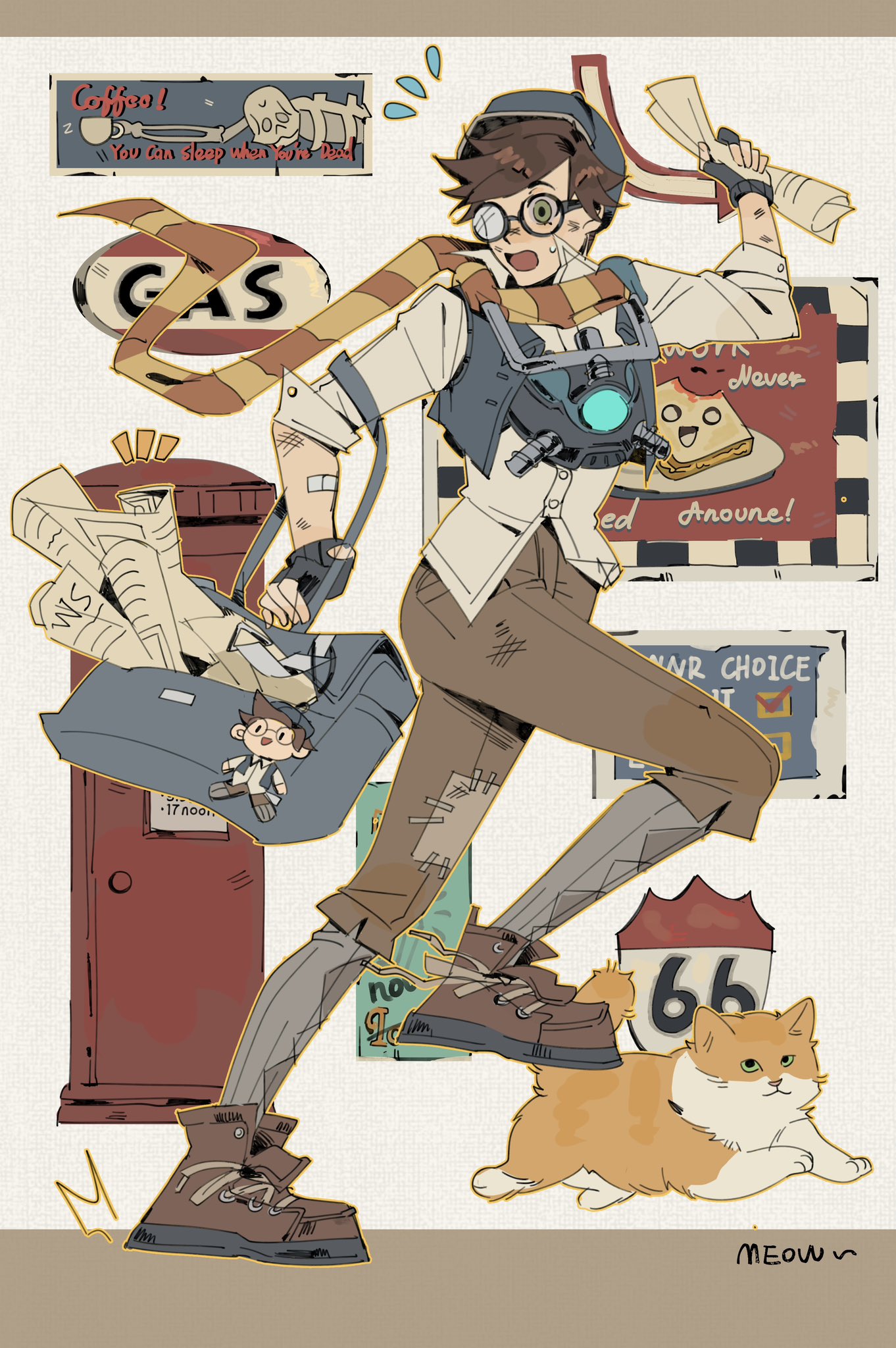 1girl bag brown_footwear brown_hair brown_pants cat english_commentary fingerless_gloves full_body glasses gloves heiban highres journal long_sleeves official_alternate_costume open_mouth overwatch pants scarf short_hair tracer_(overwatch)