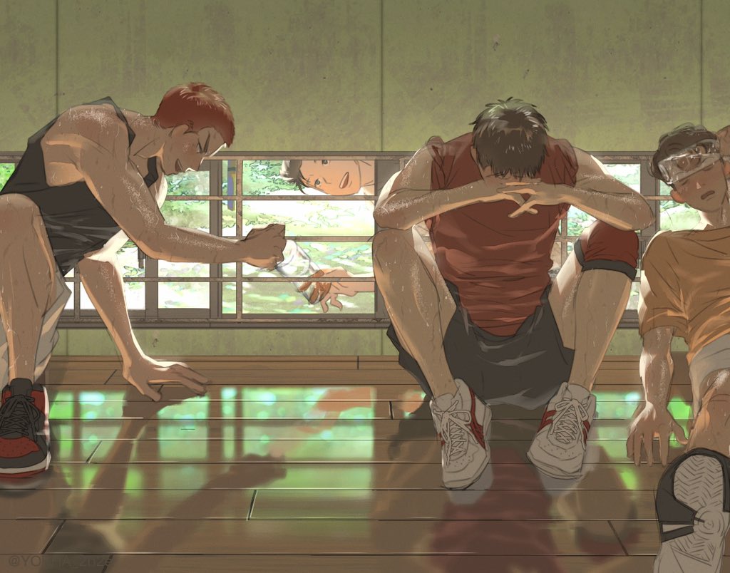 4boys angry ball basketball_(object) basketball_jersey bench bishounen black_eyes black_tank_top black_wristband bottle bottle_on_head brown_eyes brown_hair buzz_cut holding holding_bottle hot indoors knee_brace looking_inside looking_outside male_focus mito_youhei mitsui_hisashi miyagi_ryouta multiple_boys on_floor open_mouth red_hair red_shorts red_tank_top red_wristband sakuragi_hanamichi shiny_floor shirt shoes short_hair shorts sitting slam_dunk_(series) sleeves_rolled_up sneakers sweat tank_top toned toned_male undercut very_short_hair water_bottle wavy_hair white_shorts white_towel yellow_shirt yorha_2b2e