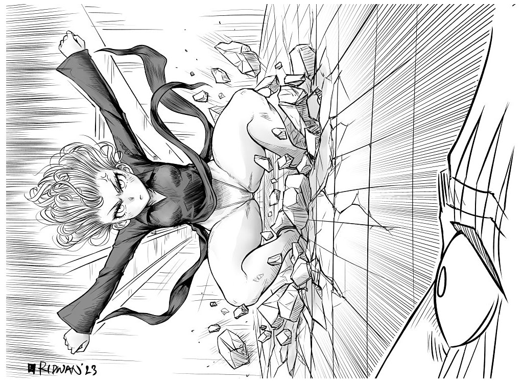 1boy 1girl anger_vein artist_name closed_mouth debris destruction dress greyscale highleg highleg_panties king_(one-punch_man) mixed-language_commentary monochrome one-punch_man outstretched_arms panties ridwan_chandra_choa scar scar_on_face scene_reference short_hair tatsumaki underwear wide-eyed