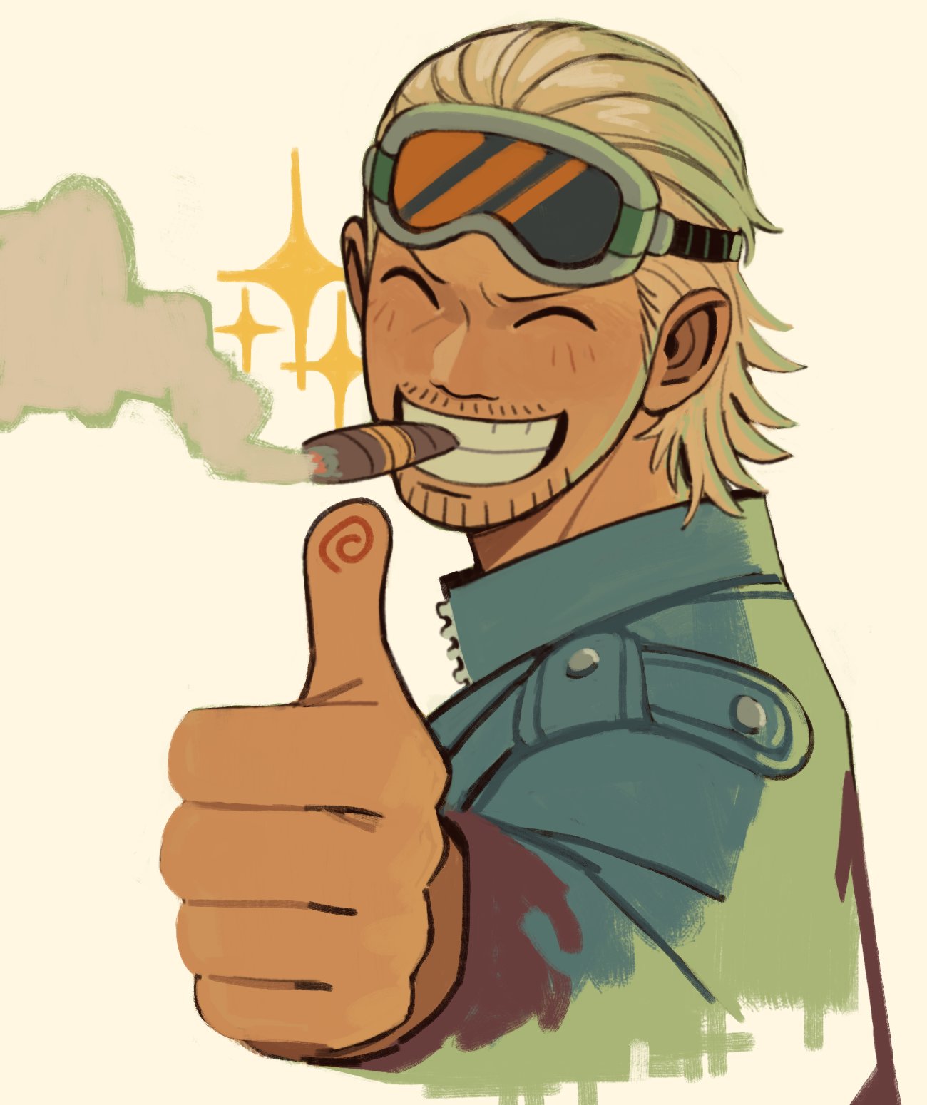 1boy @_(symbol) blonde_hair cigar closed_eyes facial_hair from_side goggles goggles_on_head hair_slicked_back highres jacket jakkenpoy male_focus mature_male one_piece paulie short_hair simple_background smile smoke smoking solo sparkle thumbs_up upper_body white_background white_jacket